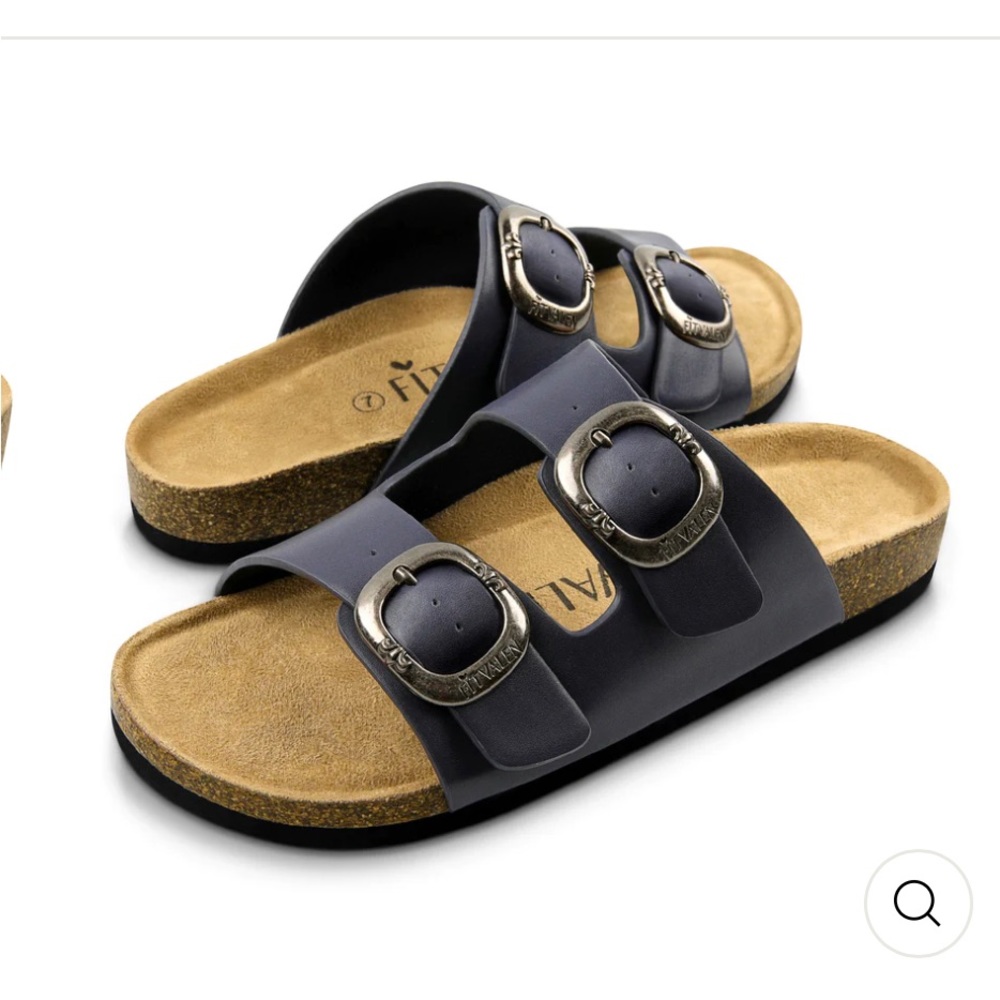 Fitvalen Women 2 Strap Adjustable Cork Footbed Flat Slide Sandals - Picture 2 of 6